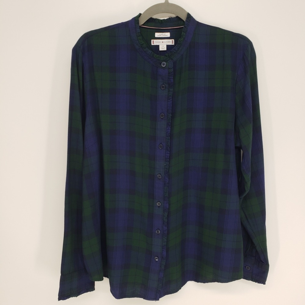 Tommy Hilfiger Plaid Ruffle Button Up Shirt Womens L Navy Green Black Watch Top